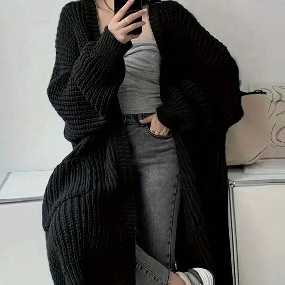 Black Casual Women's Open Front Loose Knit Cardigan - Picture 4 of 5